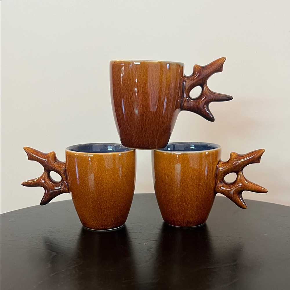 Rustic Brown Antler Handle Mugs Set of 3